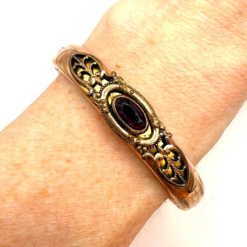 Antique Victorian Rose Gold Filled Purple Glass Filigree Hinged Bangle Bracelet